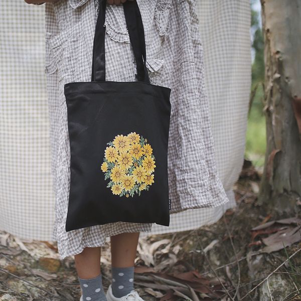 

nj shop women student canvas cotton fashion plaid shoulder flowers handbag shopping large capacity canvas purse white/black