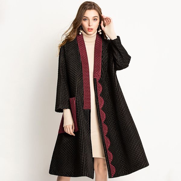 

plus size coat women autumn and winter new fashion velvet long sleeve pocket miyake pleats open stitch loose coats, Black
