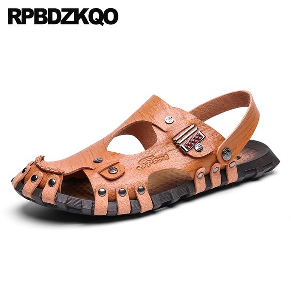 

shoes size 46 runway closed toe men sandals leather summer 45 nice native slippers 47 slides mules large metal slip on outdoor, Black