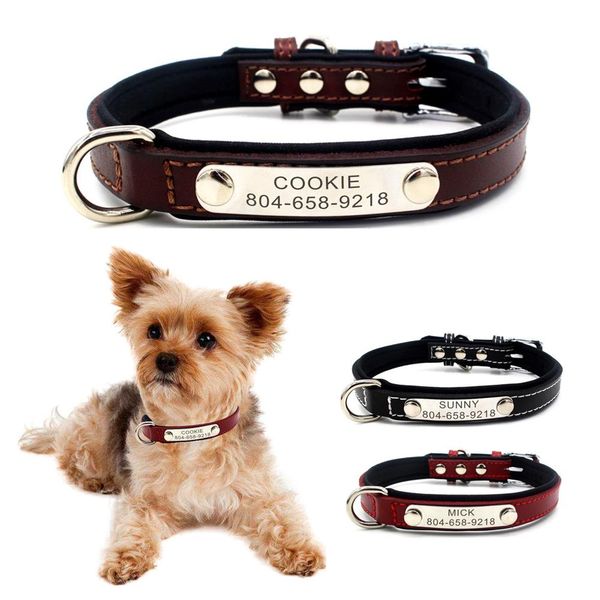 

dog collar personalized custom puppy cat name id tag real leather adjustable basic collars leads learsh set pet accessory