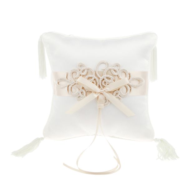 

white satin wedding ring pillow cushion embroider flower with tassels
