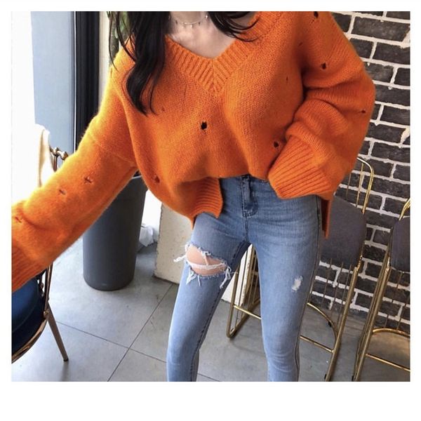 

fashion 2019 autumn v-neck batwing sleeve holes sweater women vintage solid hollow out loose knitted pullovers, White;black