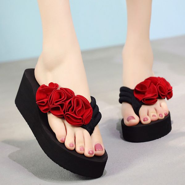 

youyedian summer fashion women's flower clip toe flip flops non-slip wedges beach slippers zapatos de mujer, Black