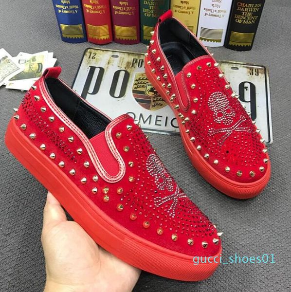 

2019 streets trendy men designer rhinestone skull rivet platform casual flats shoes male wedding prom shoes loafers footwear 01g, Black