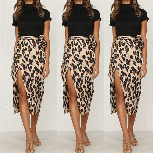 

women skirts leopard women print high waist skirt with sashes new lady fashion office work skirts summer autumn slit skirt, Black
