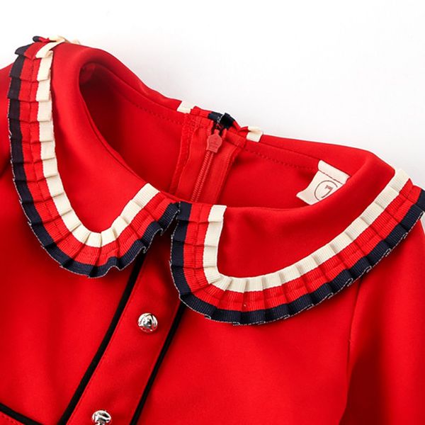 

children girls red doll neck solid color princess cute sweet long sleeve party dress 2-7y lovely toddler girl clothes, Red;yellow
