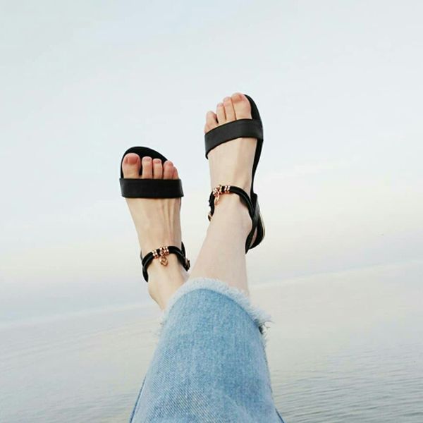 

меотина летние сандалии из натуральной кожи женская обувь плоские повседневная обувь металлические украшения пряжки коровьей кожи женские са, Black