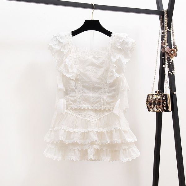 

women 2020 summer embroidery lace suits fashion ruffles short sleeve + white mini skirt pant 2 piece set