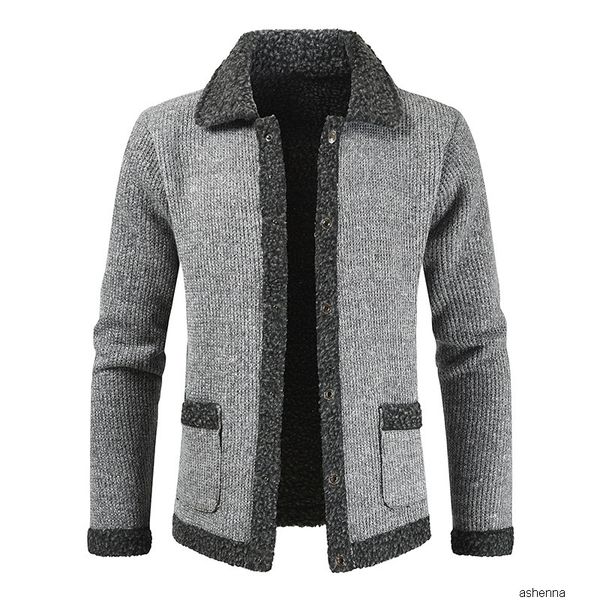 

winter leisure plus velvet thicken lapel single row buckle leisure sweater male knitting coati5la, Black