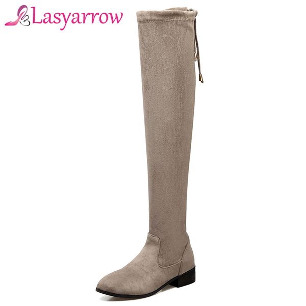 

lasyarrow elastic over the knee high boots simple classic thigh high long boots women low square toe lace up women's shoes j126, Black
