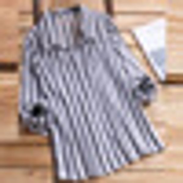 

women's casual loose cotton and linen stripe sunscreen blouse lapel long sleeve, White