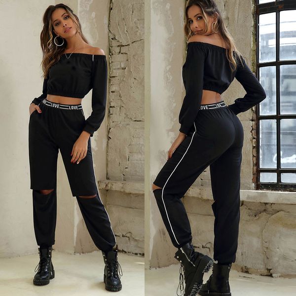 

women soild sports t-shirt long sleeve blouse pants 2pcs set, Black;blue