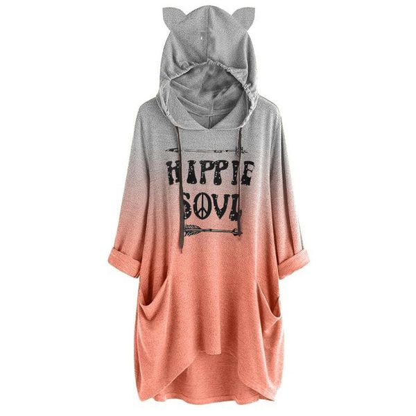 

women long sweatshirt hoodies loose casual long sleeve cat ear letter print autumn spring hooded pullover blouse moletom, Black