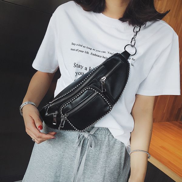 

2020 new women's waist bag fashion personality rivet black patent leather ladies cross-body bag ladies chest cross body bags