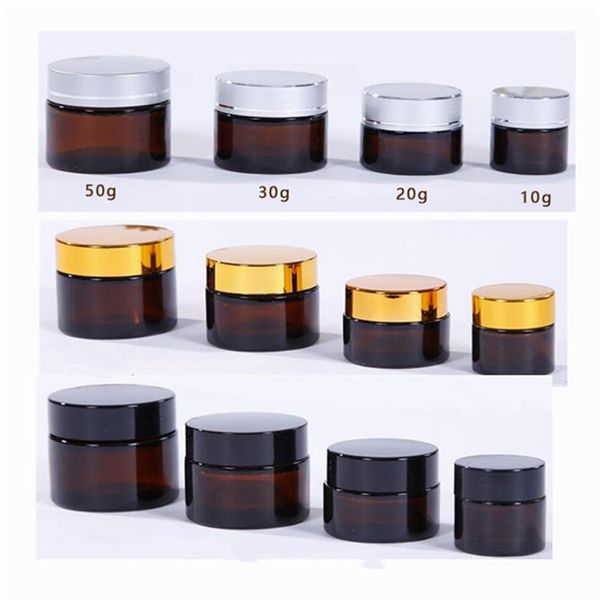 5G 10G 15G 20G 30G 50G Amber Brown Glass Jar jarra recarregável Recipiente de armazenamento de maquiagem cosmética com tampas pretas prateadas douradas