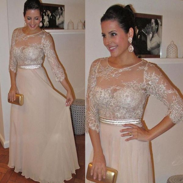 

chiffon elegant mother of the bride dresses beads pearls lace three quarter sleeves prom dresses sheer neck evening gowns, Black;red