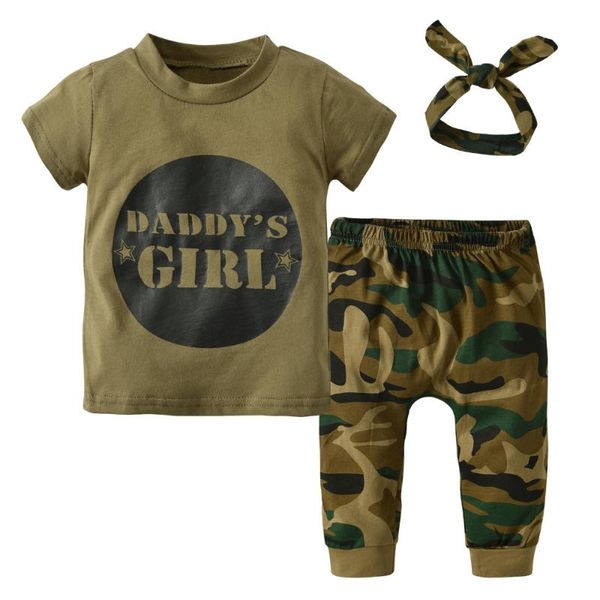 

3pcs summer newborn toddler army green baby boys girls clothes letter t-shirt camouflage pants+headband infant outfits set, White