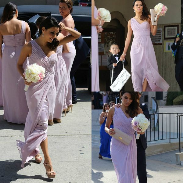 

south african one shoulder bridesmaid dresses pale pink color pleat chiffon front slits plus size country wedding guest dress maid of honor, White;pink