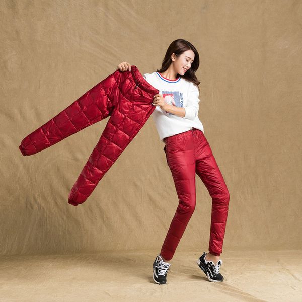 

women outdoor thickness elastic waist down pants winter windproof camping climbing skiing female hiking trekking trousers, Black;green