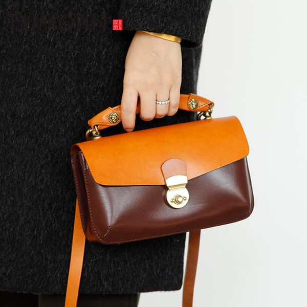 

eumoan women's leather shoulder bag, head leather retro lock bag, literary flip hand bag