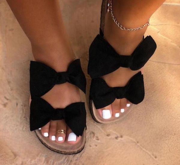 

women slippers roman two bow summer shoes woman plus size shoes beach slides flat slippers women outdoor, Black