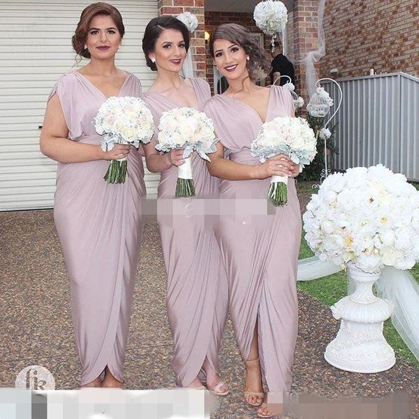 

2020 lavender bridesmaid dresses v neck ruched pleats mermaid ankle length plus size maid of honor gown slit for country beach wedding, White;pink