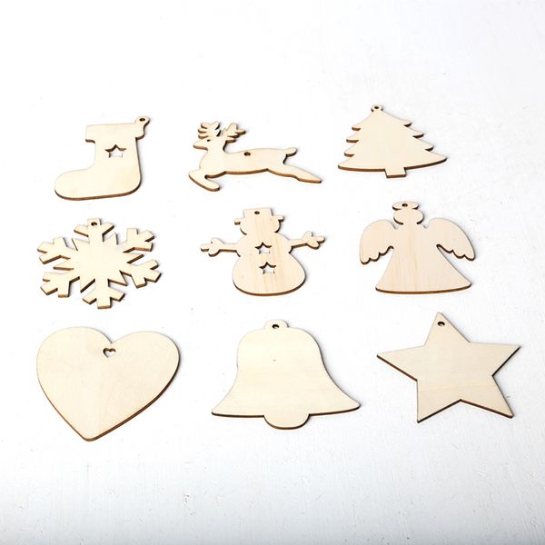 

20 pcs/pack christmas decors snowflake star angel boot bell christmas tree elk hanging wooden ornaments craft gift with rope