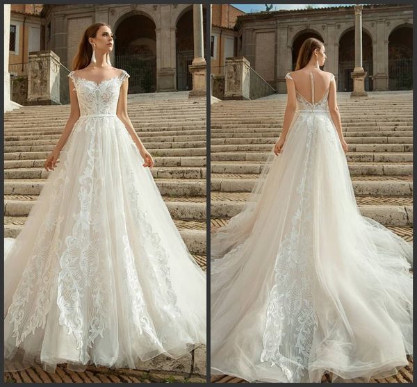 

2019 новый белый тюль линия sheer шеи кружева аппликация свадебные платья свадебные платья страна пляж империи талии свадебные платья, White