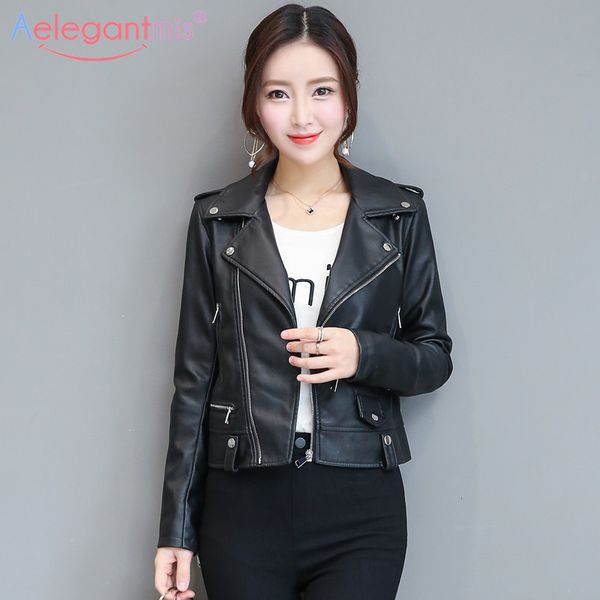 

aelegantmis classic black short pu faux leather jacket women autumn zipper soft leather biker jacket ladies street basic coat