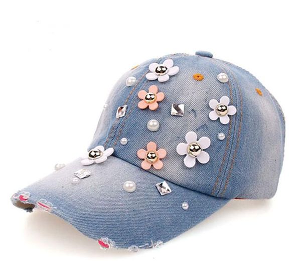 

embroidery snapback caps baseball snapback hats flower rhinestone team sports cowboy outdoor jean cotton hat for women 3 colors 56-62 cm, Blue;gray