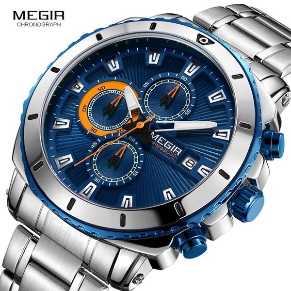

megir men's blue dial chronograph quartz watches fashion stainless steel analogue wristwatches for man luminous hands 2075g-2, Slivery;brown