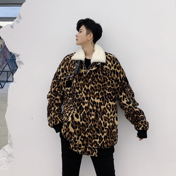 

2019 men's leopard print coat thickening lamb snow jacket loose cotton-padded clothes grey/brown color parkas in warm outerwear, Black