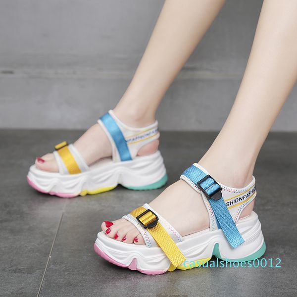

rainbow sole open toe sport sandals women color buckle casual platform wedge sandals summer outdoor beach shoes women 2020 c12, Black