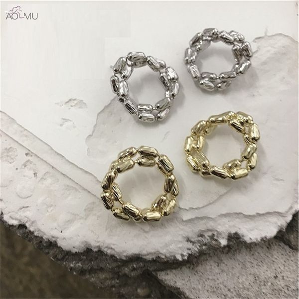 

aomu s925 sterling silver pin metal goldsilver double layered beans round stud earrings for women gifts party jewelry brincos, Golden;silver