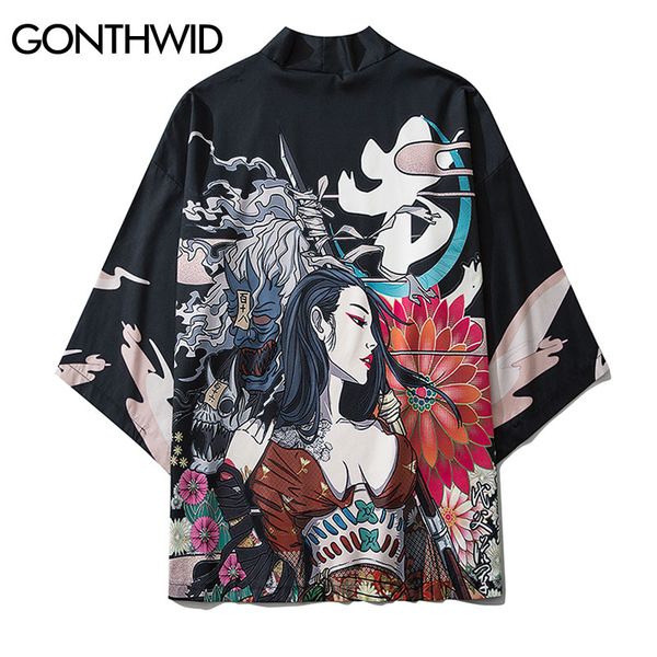 

gonthwid japanese samurai girl flowers print kimono cardigan shirts streetwear hip hop casual open front coat summer jacket, Black;brown