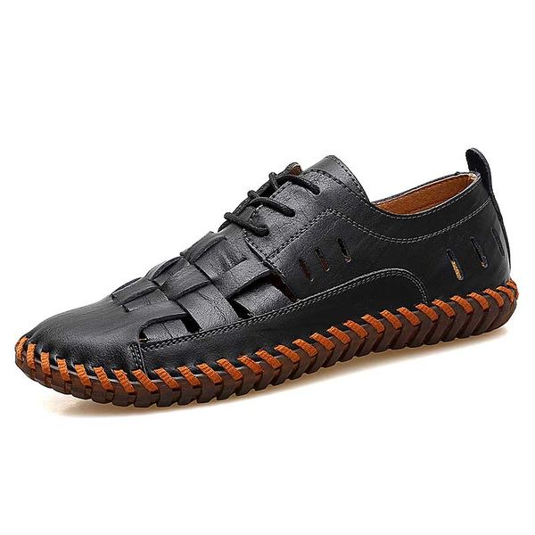 

new men genuine cow leather sandals outdoor summer handmade men shoes men beach breathable casual shoes footwear walking sandals, Black