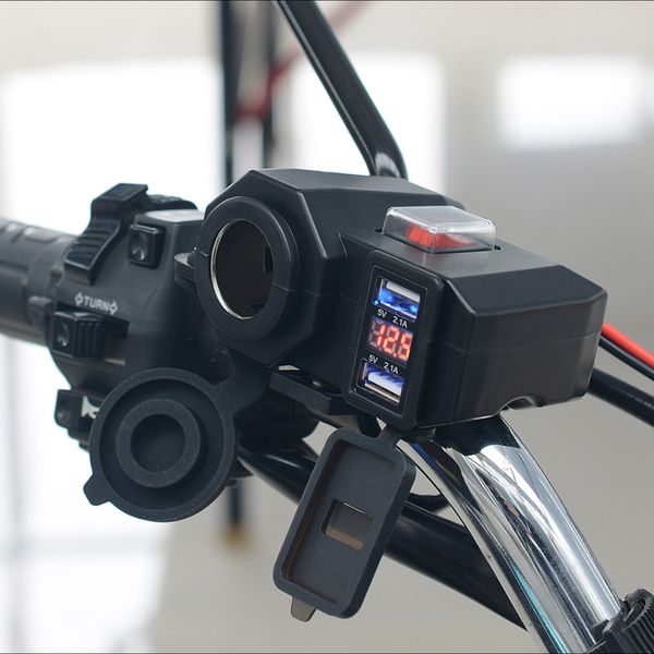 

dual usb motorcycle handlebar charger cigarette lighter socket adapter power +point cigarette buwith waterproof switch button