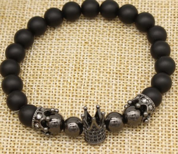

8mm vhg645 gold silver copper crown ball micro pave cz zircon cubic zirconia bracelet rope elastic thread adjusted frosted agate, Black