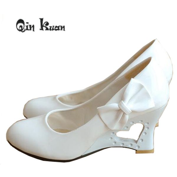 

qin kuan spring women wedding pumps bowtie patent pu leather ladies high heel wedge girls shoes plus size 34-43, Black