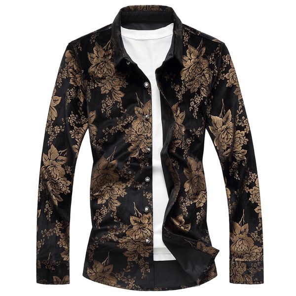 

mens silk shirts gold and black 7xl mens shirts winter luxury velvet flowers camisa social slim fit chemise homme, White;black