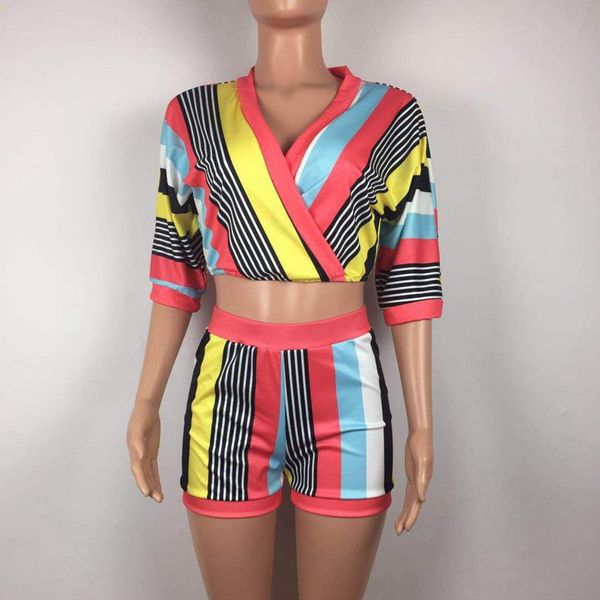 

2 piece set women stripe +bodycon shorts suit casual summer outfits plus size two piece matching sets tracksuit female convention, Gray