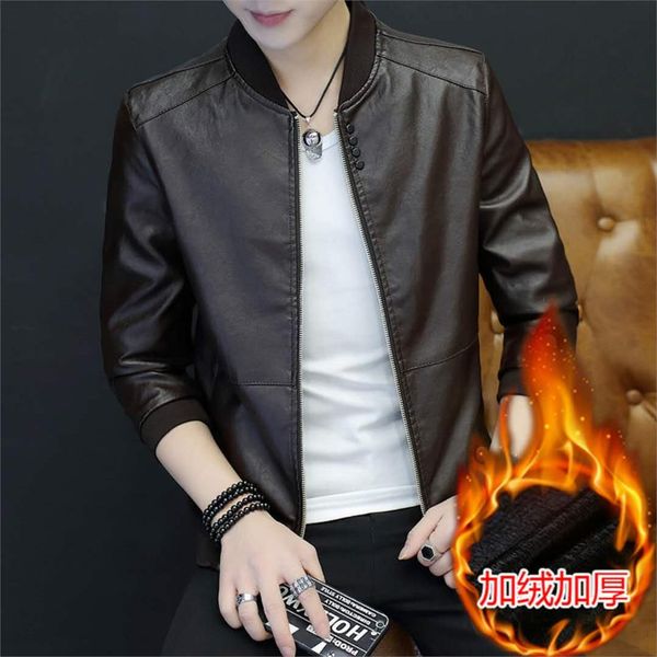 

oloey m-4xl men leather coat jacket casual fashion solid stand collar slim male leather coat outwear for spring autumn winter, Black