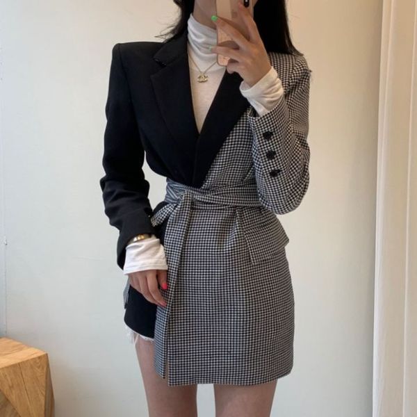 

урожай плед пэчворк женщина blazer весна длинного рукав matching нерегулярных женщины куртка пальто с поясами vintage костюма пальто, White;black