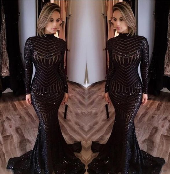 

Sexy Black Mermaid Evening Dresses Newly High Neck Long Sleeves Sequined Prom Dresses Sweep Train Celebrity Red Carpet Gowns Custom A16
