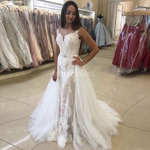 

beach mermaid wedding dresses with detachable skirt sheer neck sweep train lace appliques modern arabic bridal gowns dubai customized, White