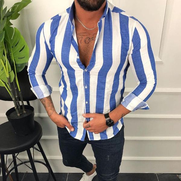 

autumn new long sleeve men's shirt striped print lapel shirt fashion casual loose comfortable shirts blue white color contrast, White;black