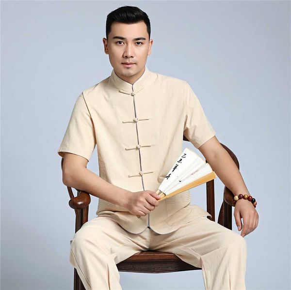 

shanghai story chinese style tang suit men cotton linen shirt casual male mandarin collar clothing loose plus size clothes, Red