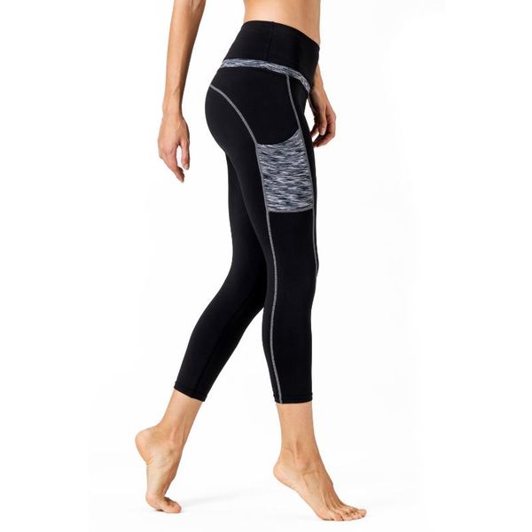 

women's contrast color pocket yoga pants running sports fitness elasticity high-waisted capri pants, Black;blue