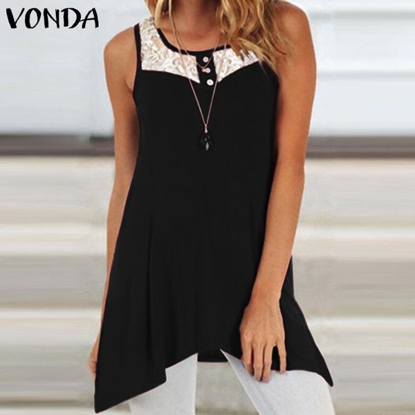 

women blouse irregular vonda 2020 sleeveless o-neck solid lace hollow out shirts casual tank plus size tunic, White