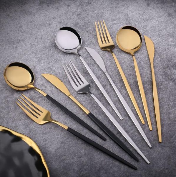 Edelstahl Spiegel Geschirr Gold Messer Mahlzeit Löffel Gabel Tee Löffel Besteck Einfache Exquisite Westlichen Abendessen Besteck 4 Farben da326